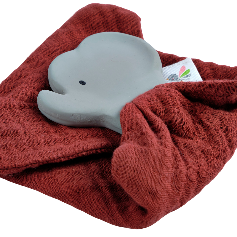 Elephant Barn Red Organic Muslin Comforter with Organic Natural Rubber Teether